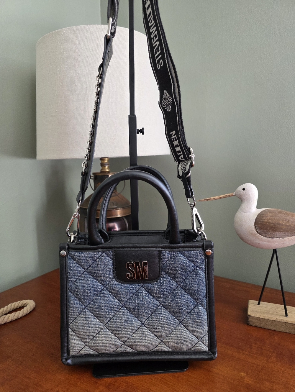 Steve Madden Quilted Denim Mini Satchel Crossbody Bag Blue Black